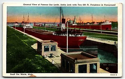 Soo Locks Sabin Lock Freighter Ships Sault Ste Marie Postcard Michigan MI UNP • $5