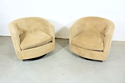 Pair Of Mid-Century Modern Milo Baughman Style Swivel Club Chairs On Walnut Base • $3495