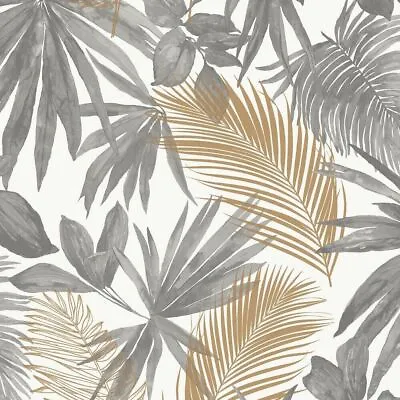 Jungle Wall Palm Leaves Tropical Grey & Gold Metallic Textured Vinyl Wallpaper • £2.49