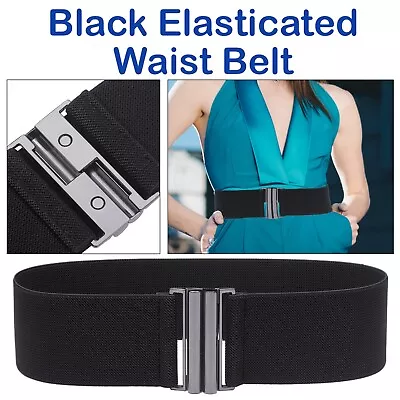 50mm Wide Black Waist Belt With Silver Buckle Women Stretch Elasticated • £3.89