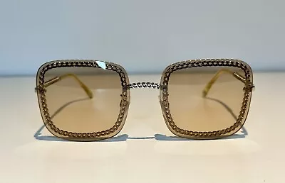 Chanel Square Sunglasses Metal Calfskin Pearl Frames & Chanel Chain Gold Brown • £350