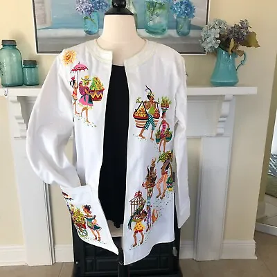 Vtg Bob Mackie Wearable Art White Embroidered Jacket SZ L  Market Day READ • $35