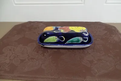 Mexican Pottery Covered Butter Dish Textured Folk Art Talavera Hand Painted VTG • $16.95
