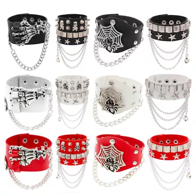 Punk Goth Men Women Skull Star Spider Wide Leather Bracelet Biker Wristband • $7.99