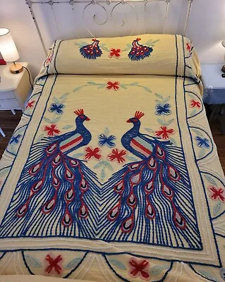 Vintage (1950's) Double Peacock Chenille Queen Bedspread • $220