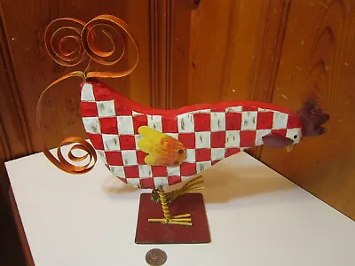 Blue Sky Red Checked Rooster Figure Metal Wood Country Kitchen Chicken Hand Made • $11.98