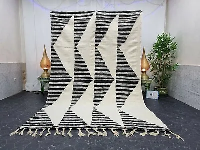 Moroccan Handmade Kilim Zanafi Rug 6'3 X9'8  Berber Striped White Black Carpet  • $492