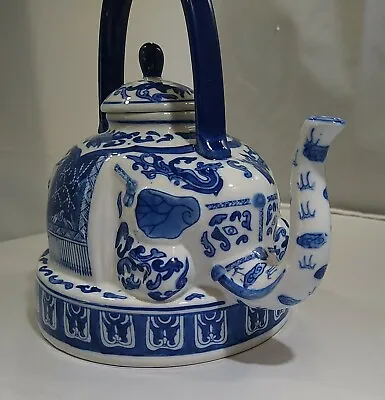 Vintage Elephant Teapot Ceramic Blue & White Bombay 8.5” X 9.5” X 6.5”. • $30