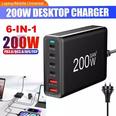 6 Port Fast GaN 200W Multi USB-C Wall Charger Quick Charging QC PD Type C USB • $42.59