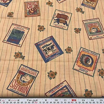 Vtg Joan Kessler Farm Feedsack Labels & Stripes Cotton Fabric By The HALF YARD • $19.99