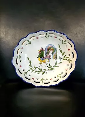 Hand Painted Portugal Reticulated Oval Bowl With Rooster • $16
