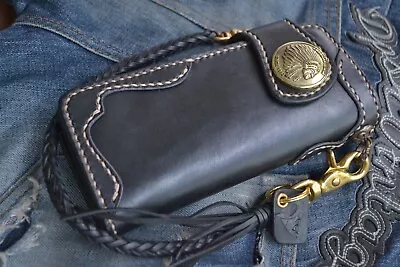 Men's Motorcycle Genuine Leather Black Wallet& Chain Truck Biker#handmade   • $129