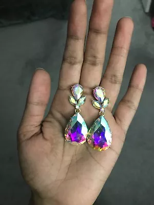 2” Long Gold Clear Aurora Borealis AB Austrian Crystal Pageant Earrings • $12.50