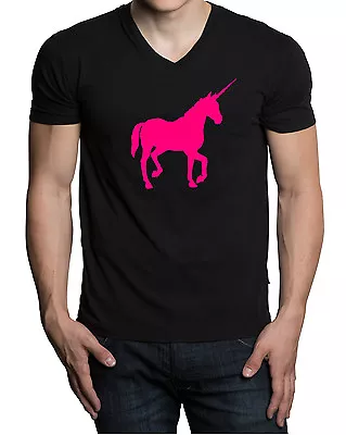 $14.99 • Buy New Men's Neon Pink Unicorn V-Neck Black T Shirt Magical Horse Fantasy Pony V394