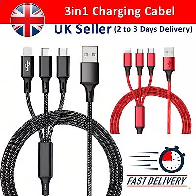 3 In 1 Multi USB Charger Charging Cable Cord For USB-C Micro USB Android IPhone • £3.49