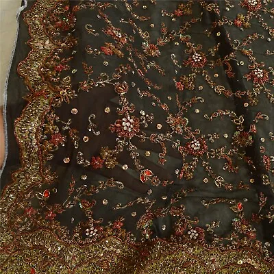 Sanskriti Vintage Black Dupatta Pure Georgette Silk Hand Beaded Wedding Stole • $95