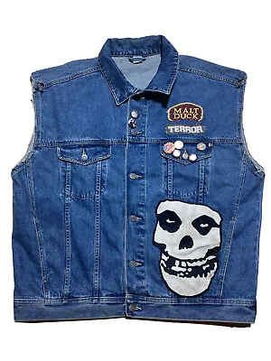 Vintage Custom Denim Vest Sz XL Tribe Quest Misfits Punk Grunge Pins Battle • $70