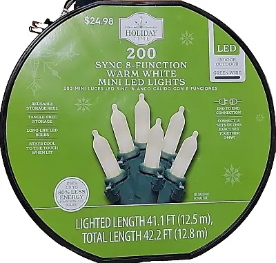 Holiday Time - 200 Warm White Sync 8-Function Mini LED Lights Green Wire NEW • $31