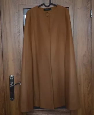 ZARA Rare WOOL CAMEL BROWN LONG CLOTH CAPE COAT JACKET 8091/744 Size SMALL S • $92.65