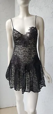 Vintage 90s Foemina Campomorone Italy Black Lace Sheer Dress Nighty Size Small • $39.95