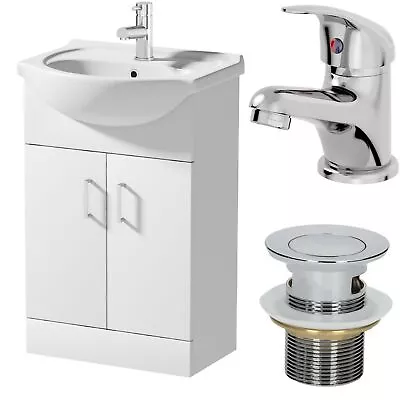 550mm Freestanding Bathroom Vanity Unit Basin Sink White Tap & Waste Bundle • £129.97