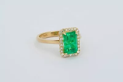 $1037.77 • Buy Solid 14K Yellow Gold 2.30Ct Emerald Cut Natural Emerald & Diamond Halo Ring