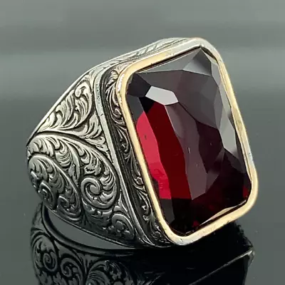 925k Silver Men Ruby Stone Ring Ruby Red Stone Ring Engraved Silver Ring  • $65