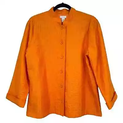 Chicos Jacket Women 2 LARGE Pintuck Orange Lightweight Button Up Mandarin Collar • $16