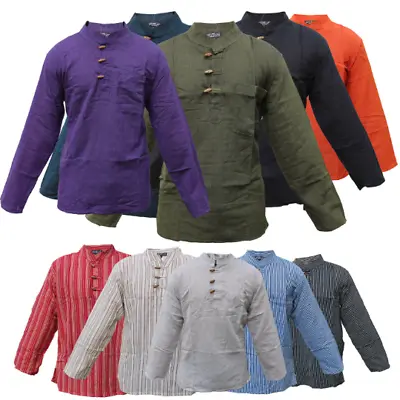 Men Hippie Shirt Collarless Plain Cotton LongSleeve Button Boho Top Stripedsm Xl • £19.99