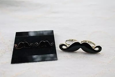 Woman's Black Mustache Post Earrings + Adjustable Double Ring Set Hipster Retro • $8.99