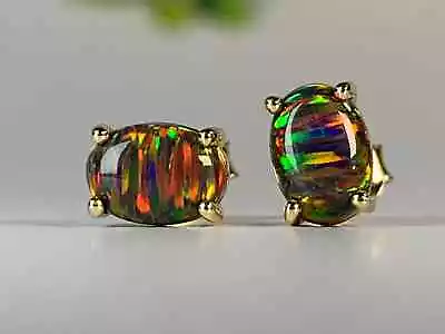 Fire Black Opal Gemstone Handmade Earrings In Solid Sterling Silver Stud Earring • $64