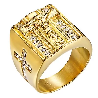 Mens Stainless Steel Gold CZ Jesus Prayer Cross Crucifix Ring For Men Size 7-15 • $10.99