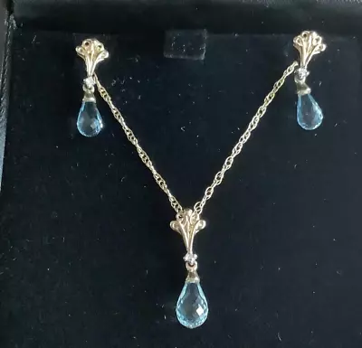 9ct Natural Aquamarine And Diamond Briolette Cut Earrings And Necklace Set Gold • £230