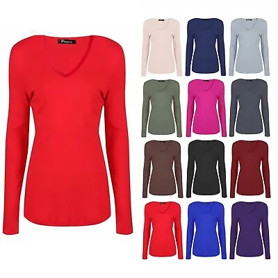 Ladies Womens V Neck Long Sleeve Plain Slim Fit Basic Top Stretchy T-Shirt 8-26 • £6.74