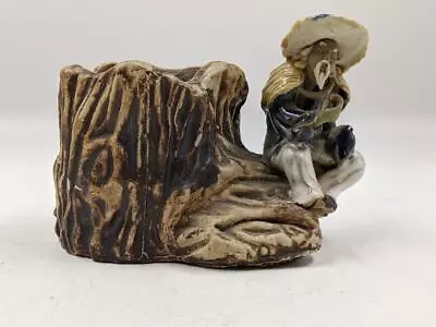 Vintage Handmade Clay Pottery Chinese Mudman Figure Tree Stump Planter • $14.99