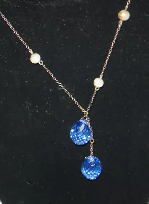 Beautiful Vintage Blue Cut Crystal Hanging Drop Pendeloque Pair Lariat Necklace • $9.99