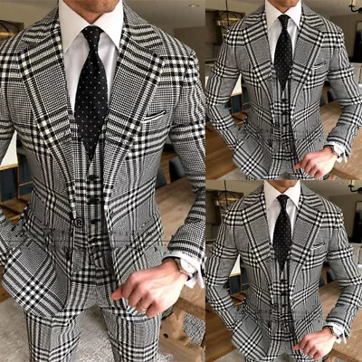 Plaid Men's Suits 3 Piece Slim Fit Formal Business Blazer Wedding Groom Tuxedos • $61.28