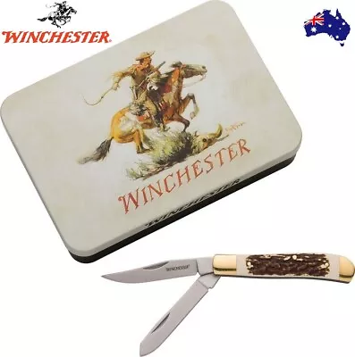 Winchester Stag Trapper Pocket Folding Knife + Gift Tin! Stainless Blades! • $85