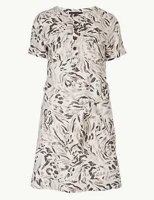 Marks And Spencer Linen Beige Dress - Size 16 - Animal Print Safari Shirt Belt • £19.95