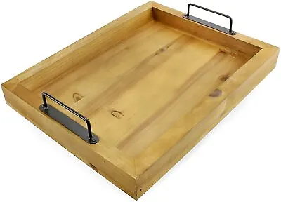 Rustic Wood Serving Tray; Wooden With Black Metal Handles • $20.99