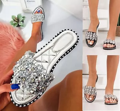 Ladies Womens Diamante Flat Slip On Mules Hoilday Summer Slider Sandals Shoes Sz • £9.99