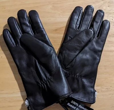 Candor And Class Men's Size L Rabbit Fur Lined Genuine Soft Black Leather Gloves • $65