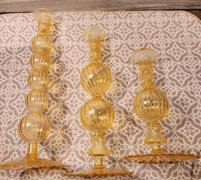 Set Of 3 VTG Venetian Murano Style Optic Swirl & Ball Glass Candlestick Holders • $103.75