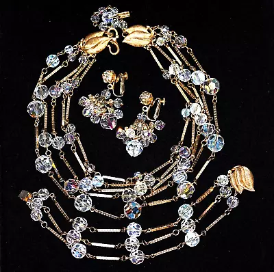 Glowing VENDOME Aurora Borealis Faceted CRYSTAL Bead Necklace Bracelet & ER SET • $165