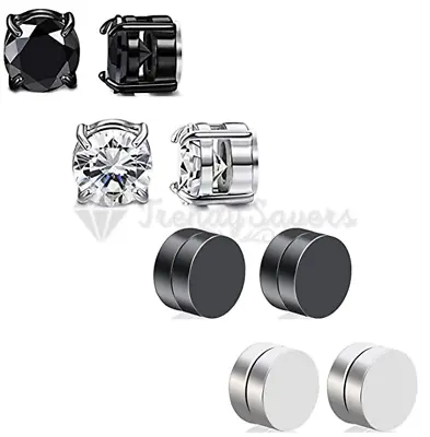 PAIR No Piercing Magnetic ROUND Cubic Zirconia SQUARE Silver Clip Stud Earrings • $4.72