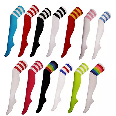 CHEERLEADER FOOTBALL STRIPED Over Knee High Stripe Cotton Socks Ladies UK 4-7 • £5.90