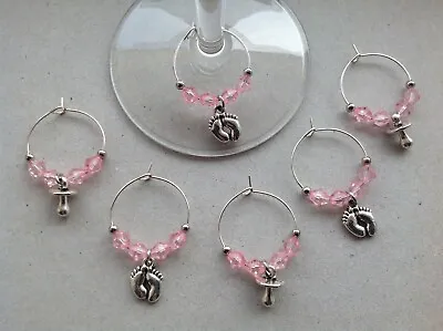 Baby Shower Set Of 6/8/10/12 Baby Dummy Feet Wine Glass Charms Many Colours. • £3.49