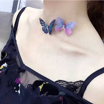 Butterfly Pink Choker Necklace Invisible Collar Womens Girls Jewelry Gift • £2.19