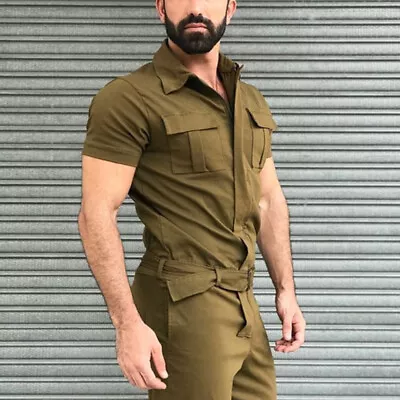 Mens Casual Lapel Short Sleeve Overalls Jumpsuits Slim Fit Cargo Pants Rompers • $27.76