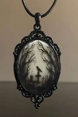 Gothic Raven Large Pendant Cemetery Necklace Black  Bird Haunting Halloween • £5.84